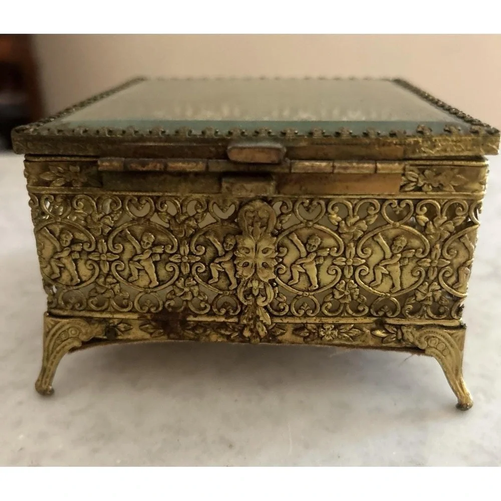 Vintage Jewelry Box Golden Filigree Beveled Glass Footed Full Of Crystal 5×6.5in